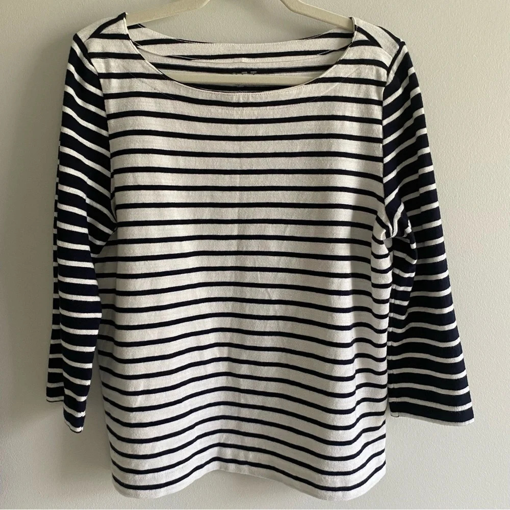 LOFT Striped Coastal Navy and Cream Boatneck 3/4 Sleeve Knit  Sweater Top Size L